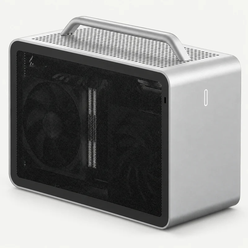 Silver portable workstation with mesh side and carry handle on a light studio background