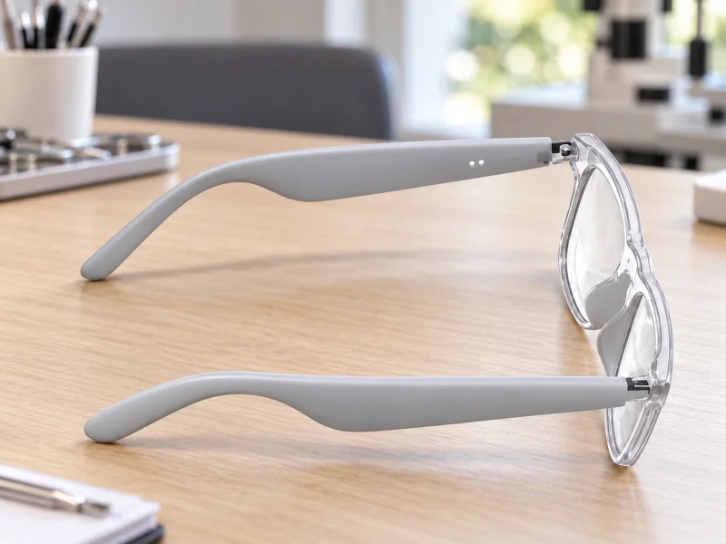 Illustratie: Light grey audio glasses with clear lenses on a desk in Singapore