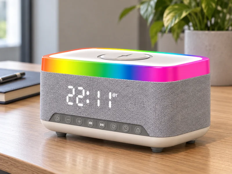 Ilustrasi: Grey fabric clock speaker with rainbow top light and white charging target on a counter in the UK