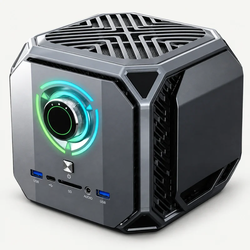 Gunmetal armored cube mini PC Pro with circular RGB mode dial on a light studio background