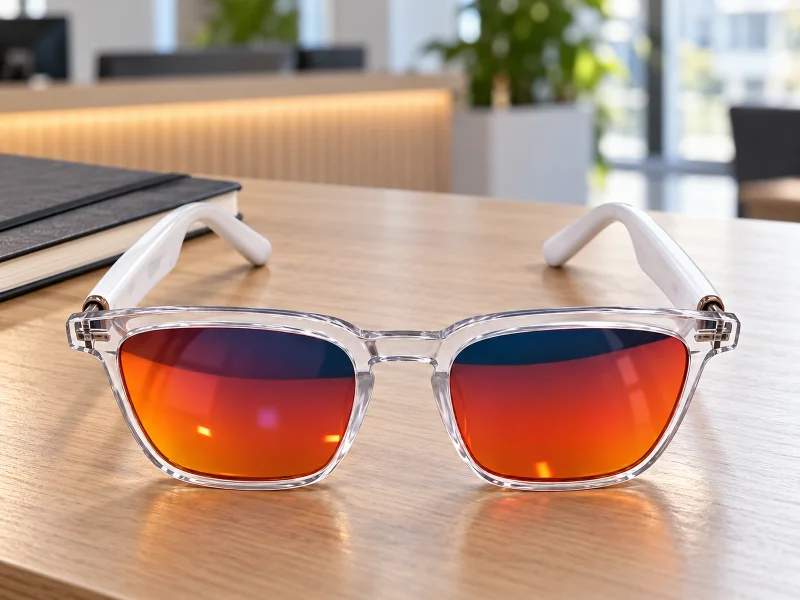 Illustratie: Clear-frame smart sunglasses with orange mirrored lenses and white temples on a counter in the Netherlands
