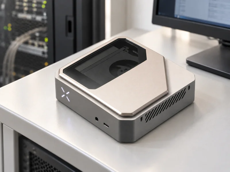 Illustratie: Champagne silver compact computer with a tinted inset lid on a desk