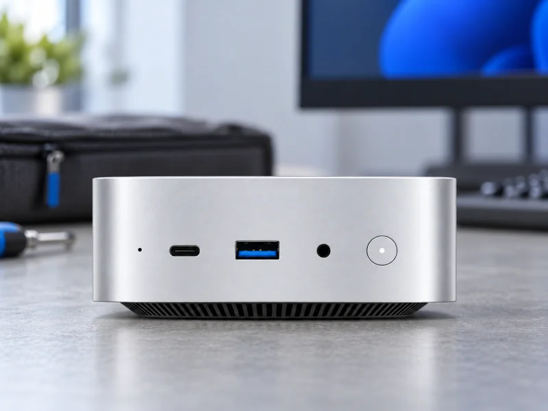 插图:Silver mini PC with black underside vent on a workbench