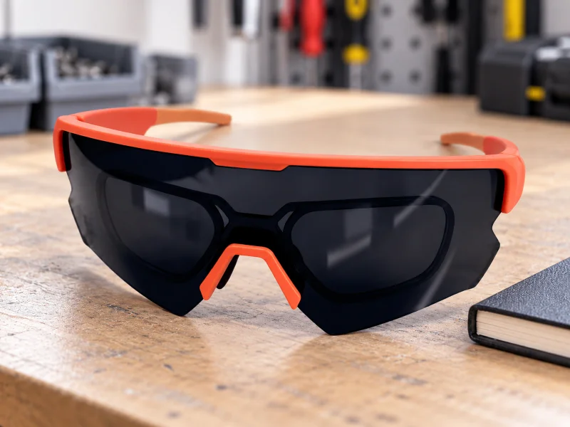 插图:Coral orange sports audio glasses with dark wraparound lenses on a workbench in the UK