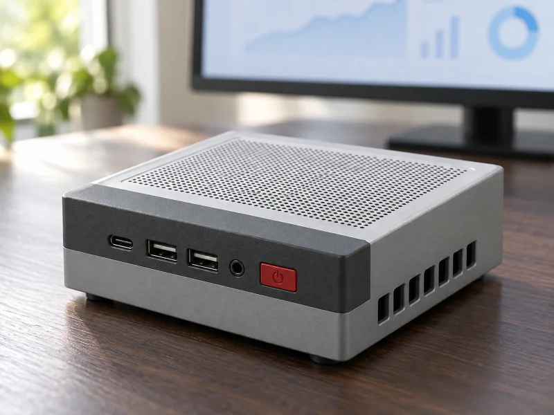 Illustration: Grey compact desktop mini PC with red power button on a desk