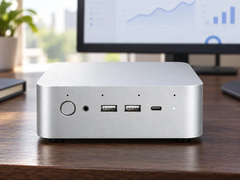 Illustratie: Silver square mini PC on a desk