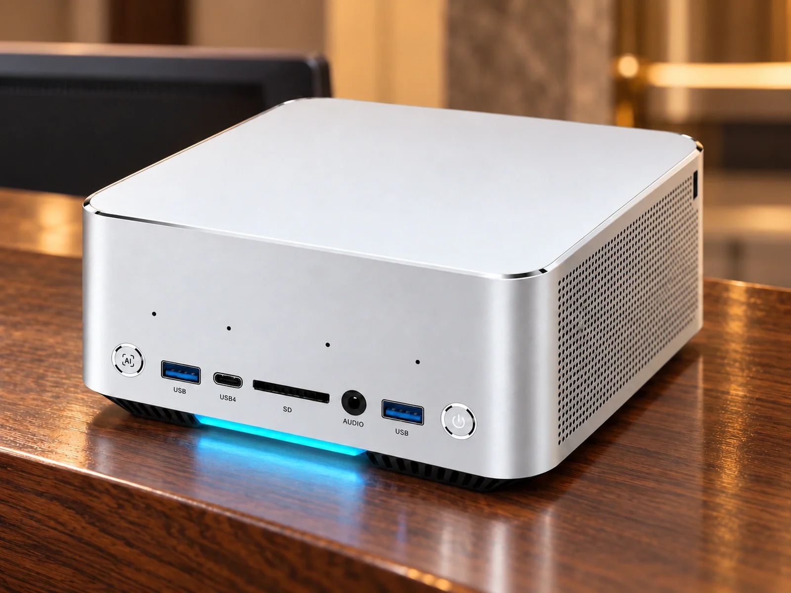 Illustration: Silver-white mini workstation on a hotel reception counter