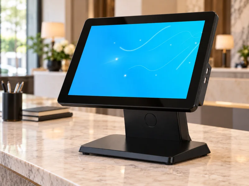 Illustration: Black single-screen POS touchscreen on broad sloping pedestal on a counter in the UK
