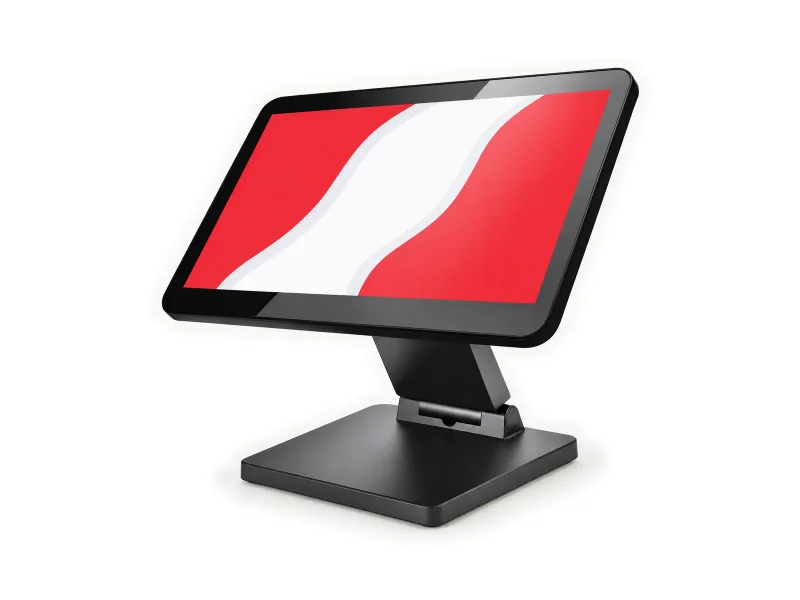 Black landscape POS terminal with sloping neck and broad flat base on a light studio background