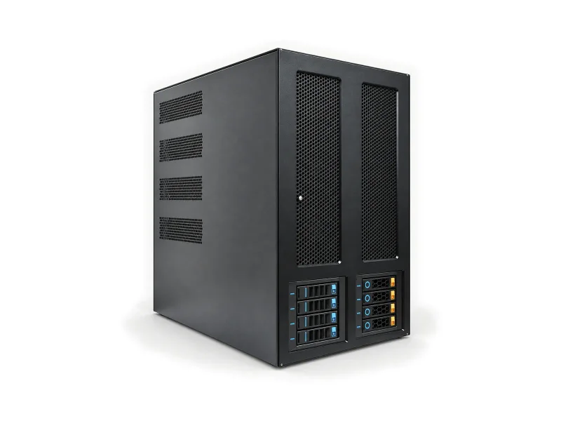 large charcoal tower workstation on a light studio background