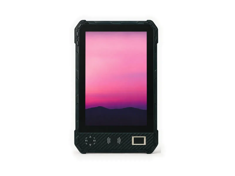 black portrait rugged tablet with lower control band on a light studio background