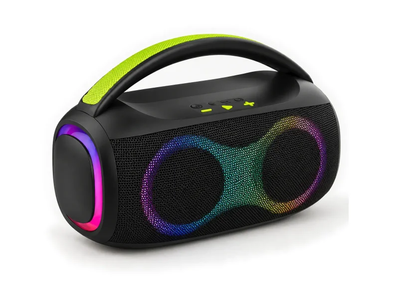 Black portable speaker with lime handle and rainbow grille lighting on a light studio background