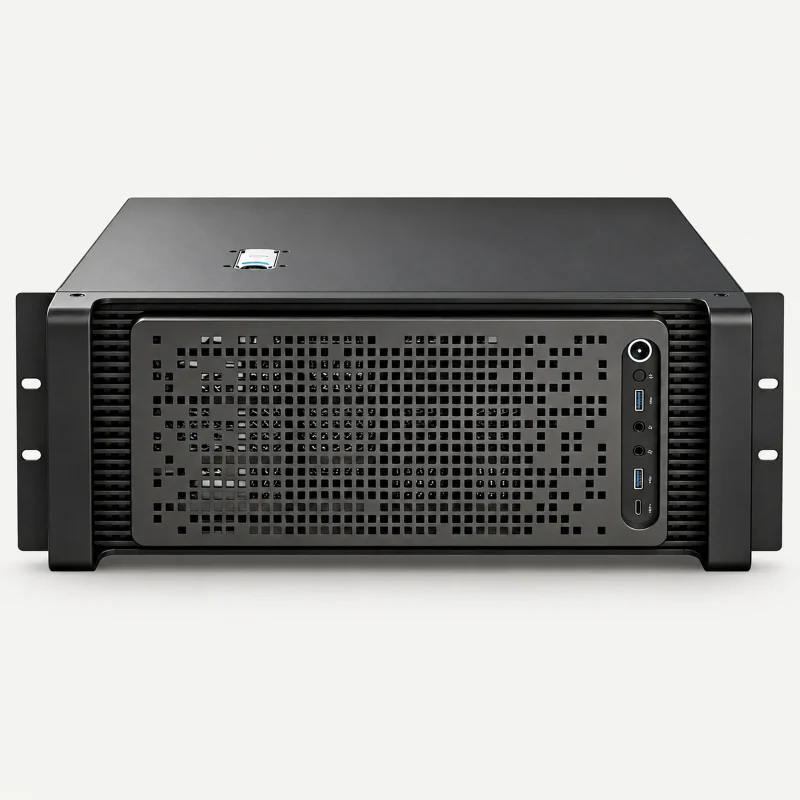 Black rack workstation with perforated front grille on a light studio background