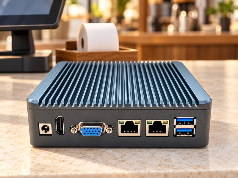插图：Compact graphite fanless mini PC with blue-gray finned top and dual Ethernet on a counter in Malaysia