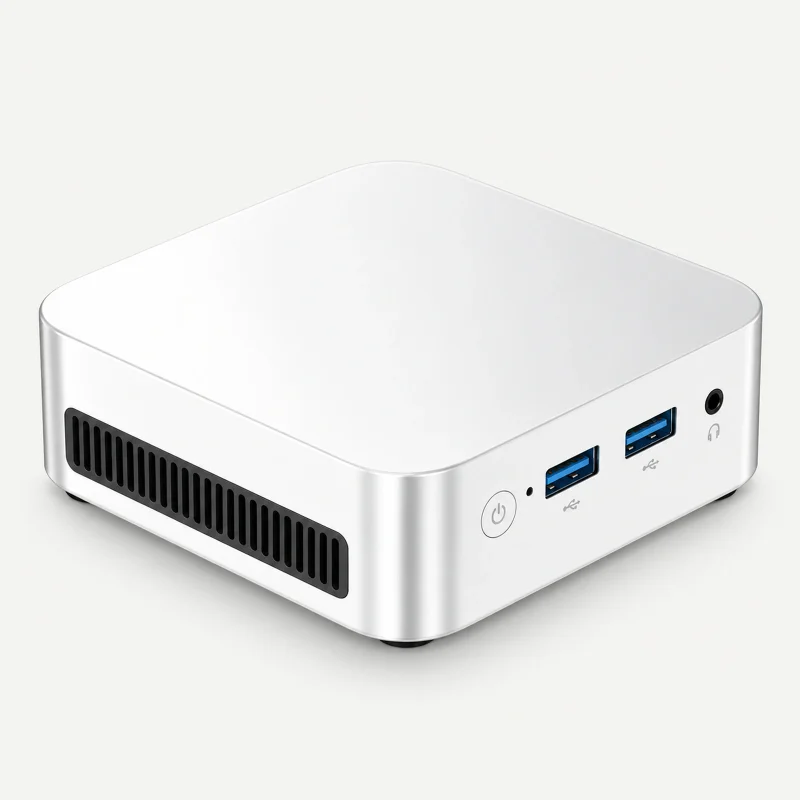 Bright pale silver mini PC with blue USB-A ports and left slatted vent on a light studio background
