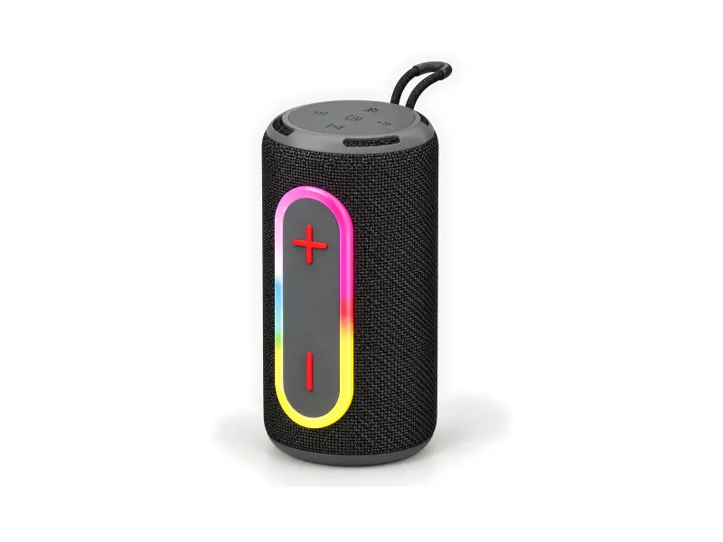 Slender cylindrical woven speaker with illuminated front controls on a light studio background