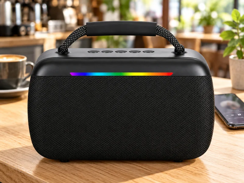 Illustration: Black portable mesh speaker on a cafe counter