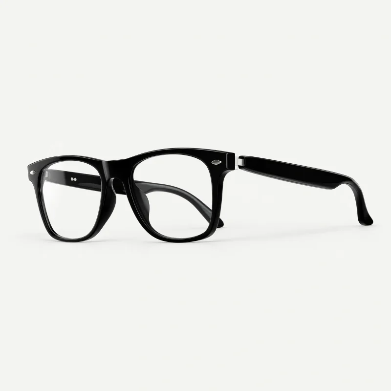 Black rounded rectangular audio glasses with silver corner marks on a light studio background