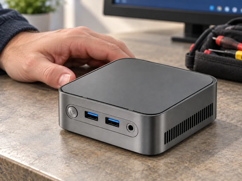 Illustration: Dark graphite mini PC on an installer workbench