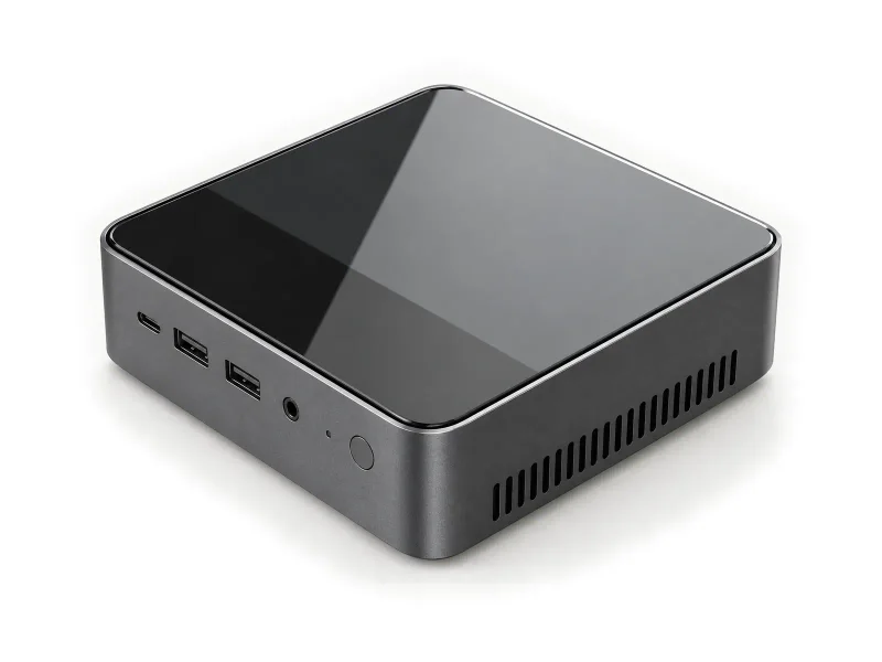 Dark glass-top square mini PC on a light studio background