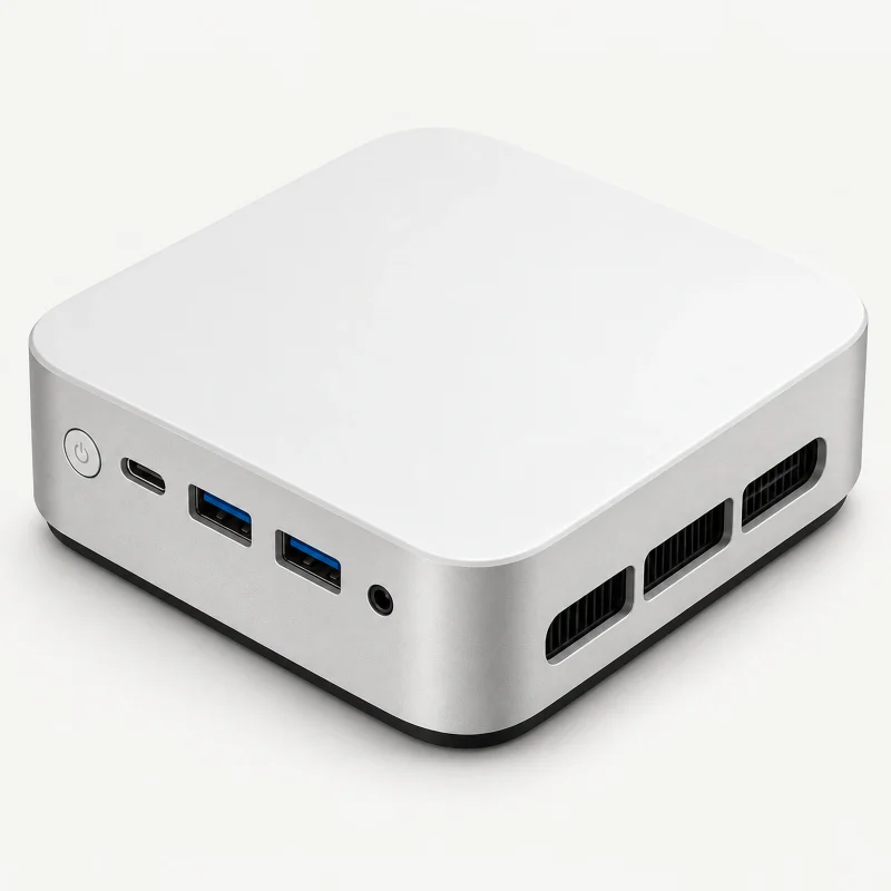 Compact white mini PC on a light studio background
