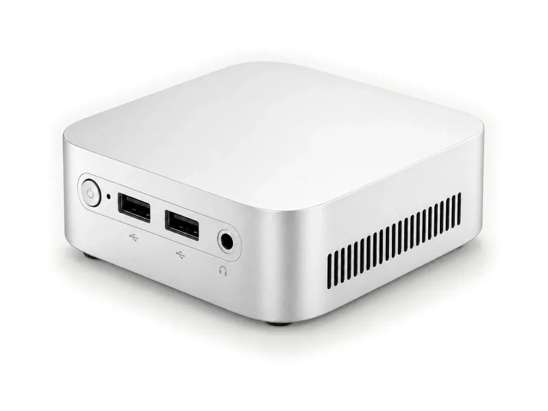 Pale silver mini PC with inset front panel and black USB-A ports on a light studio background