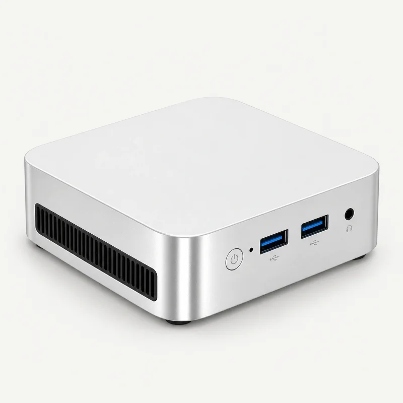 Pale silver mini PC with two blue USB-A ports and left slatted vent on a light studio background