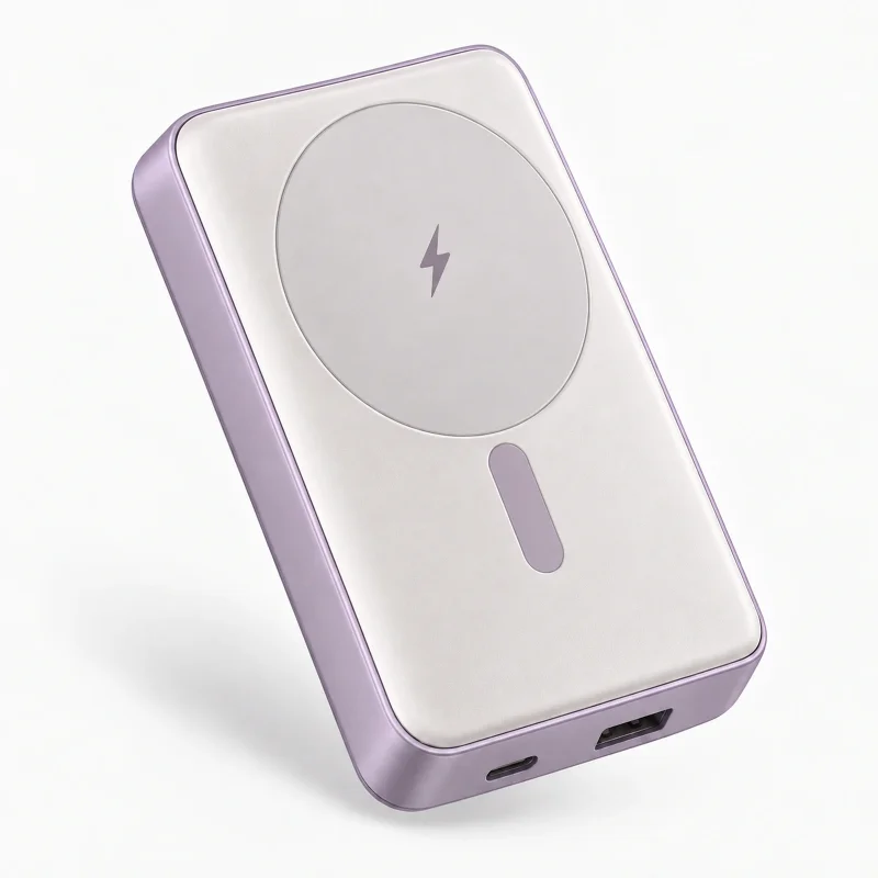Lavender magnetic power bank with two ports and charging target on a light studio background