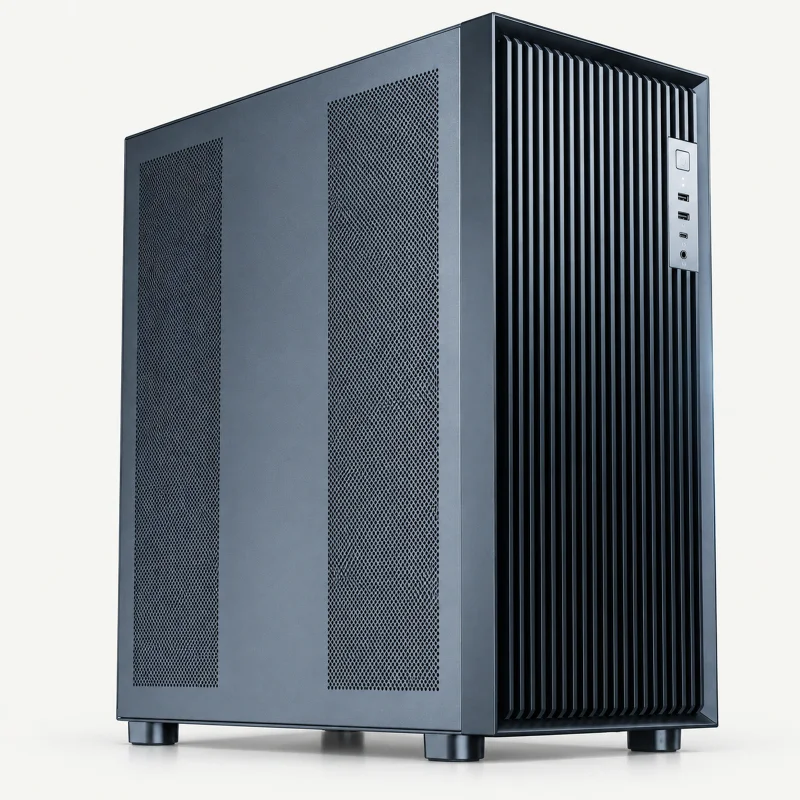 Bluegray tower workstation with twin side vents and vertical front ribs on a light studio background