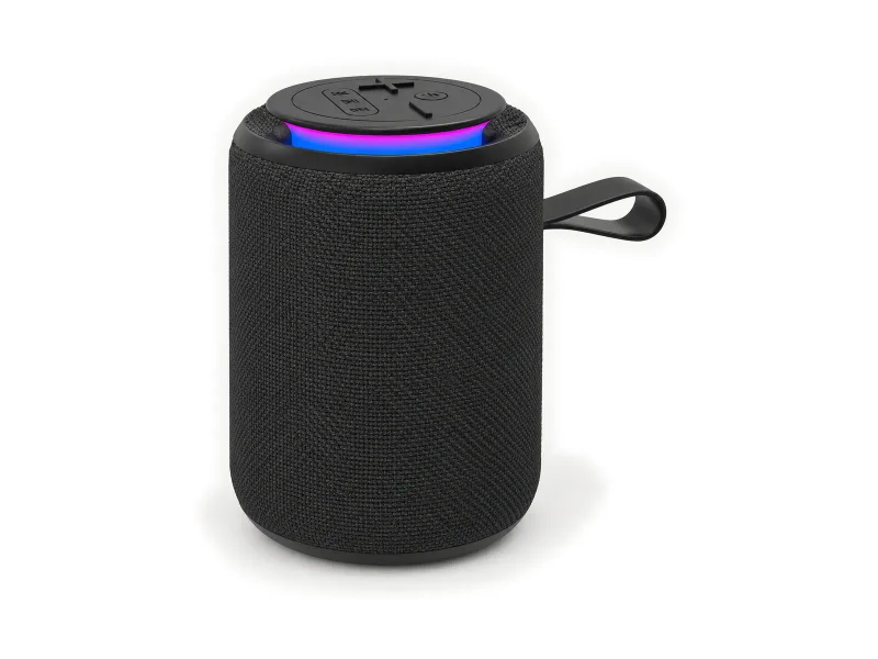 Short stout cylindrical woven speaker with raised illuminated top disk on a light studio background
