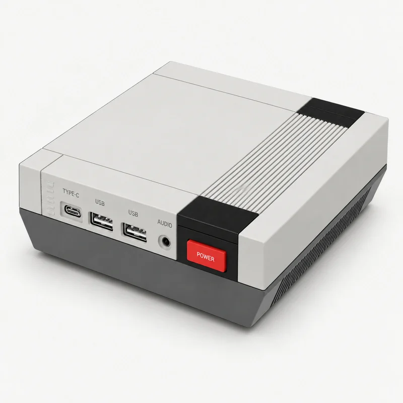 Retro console-shaped off-white and dark-gray mini PC with red power button on a light studio background