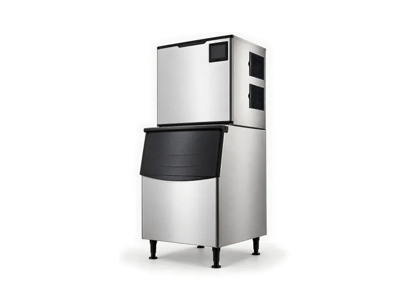 Tall modular stainless cube ice maker on a light studio background