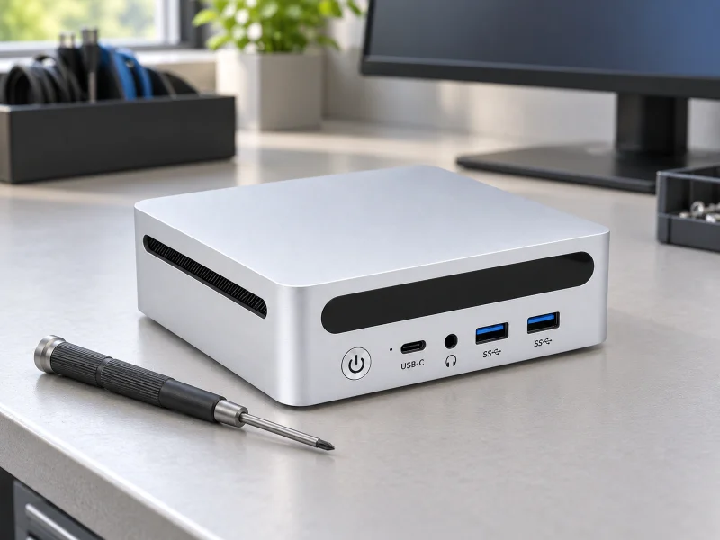 Illustration: Silver rounded mini PC with black front band on a desk