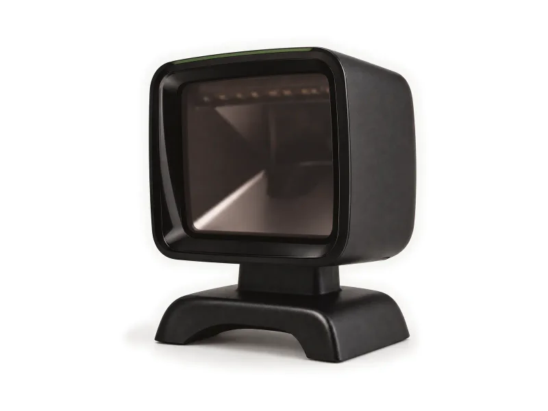 compact fixed desktop barcode scanner on a light studio background