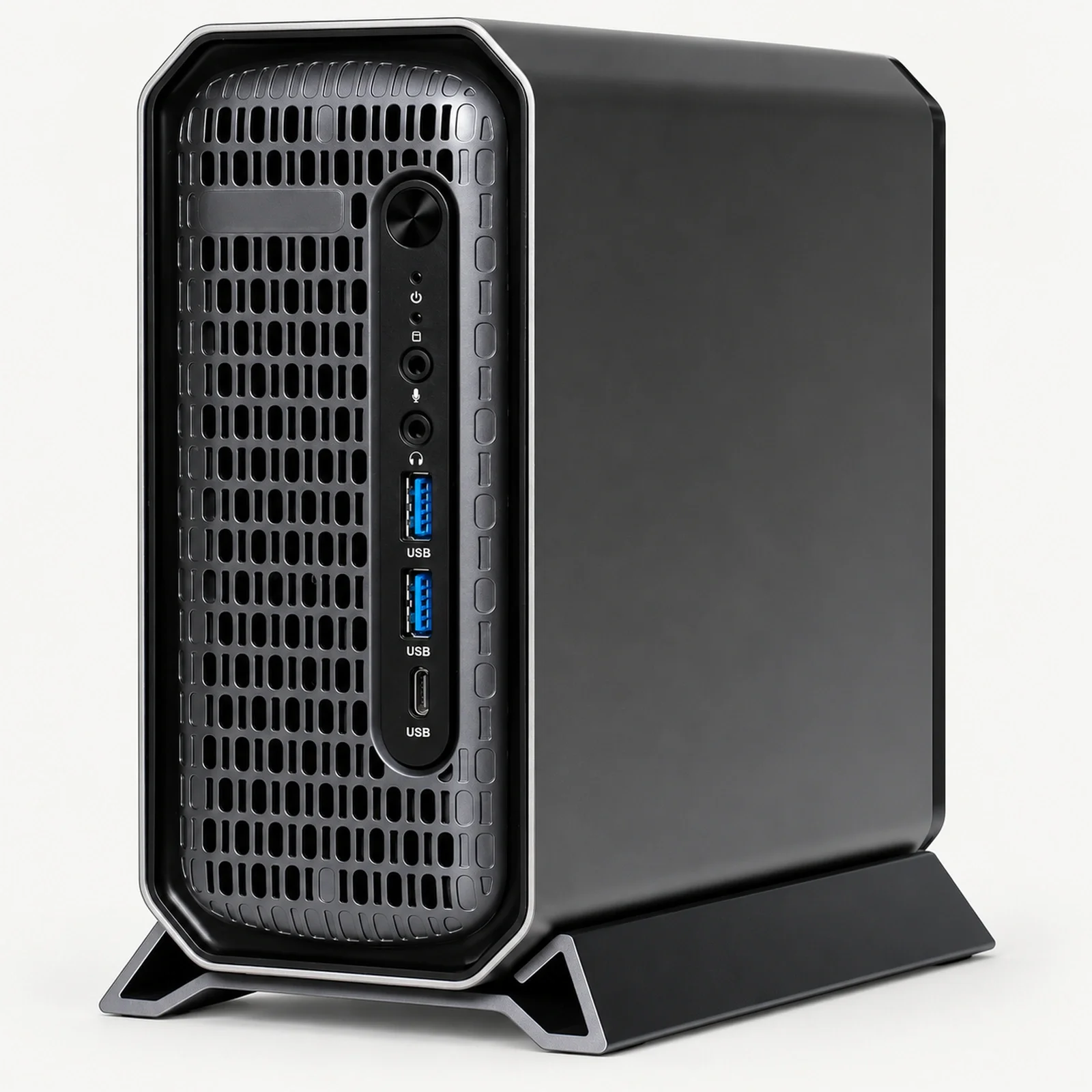 Upright black compact workstation on a light studio background