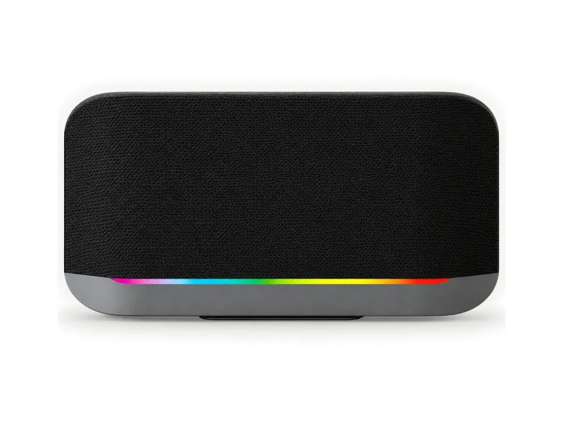 Black rounded wall speaker with gray base and thin rainbow light on a light studio background
