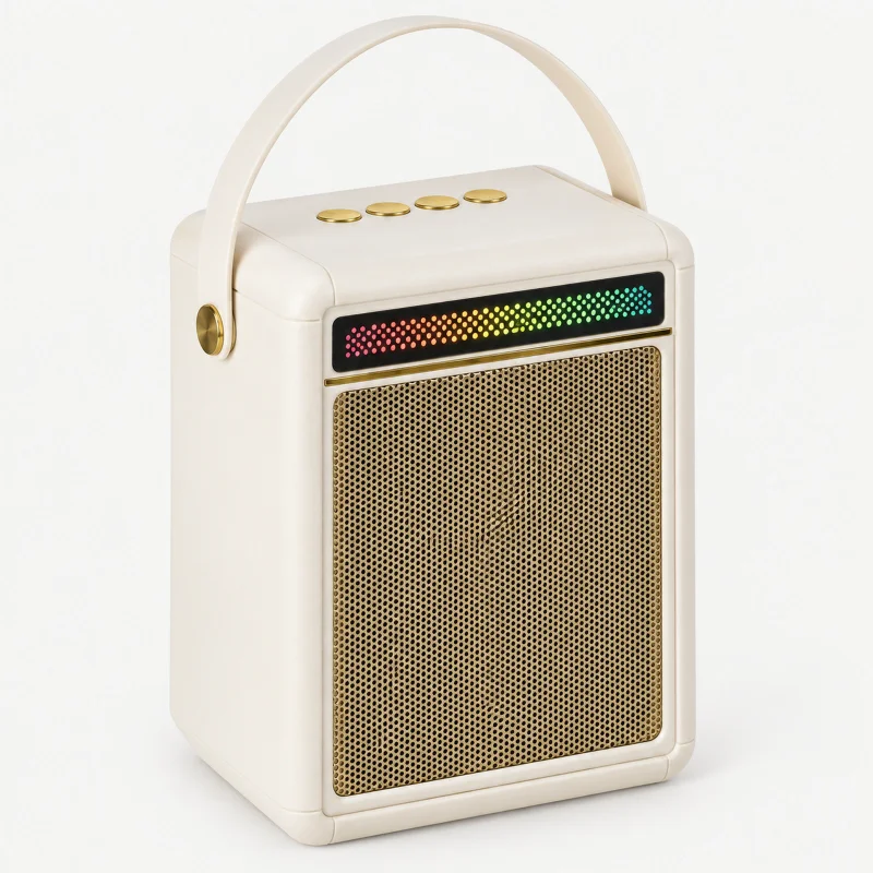 Ivory upright retro speaker with gold grille and top dotted light strip on a light studio background