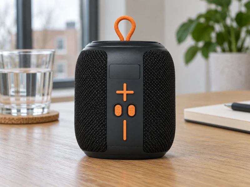 Illustration: Compact upright woven portable speaker with loop and front controls on a desk in the Netherlands