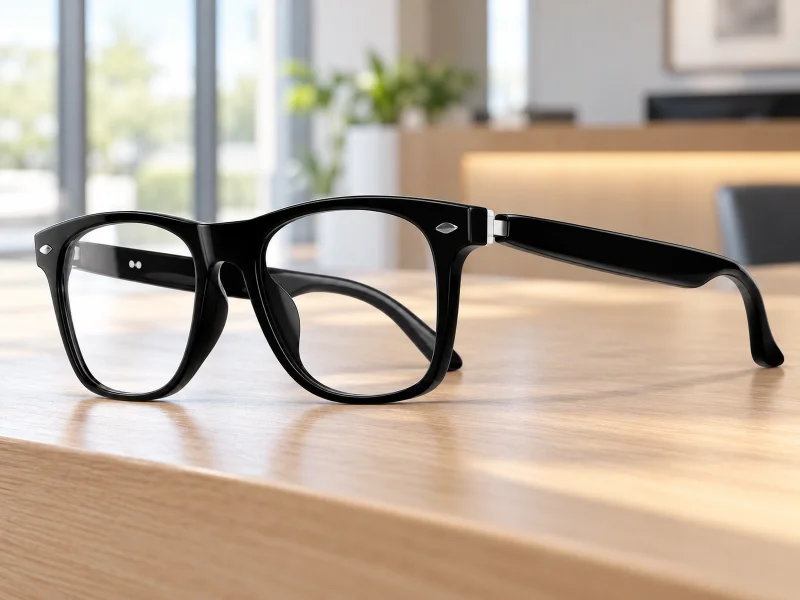 Ilustrasi: Black rounded rectangular audio glasses with silver corner marks on a counter in the Netherlands