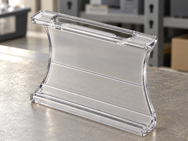 Illustratie: Transparent polycarbonate adapter board for electronic shelf label accessories on a workbench
