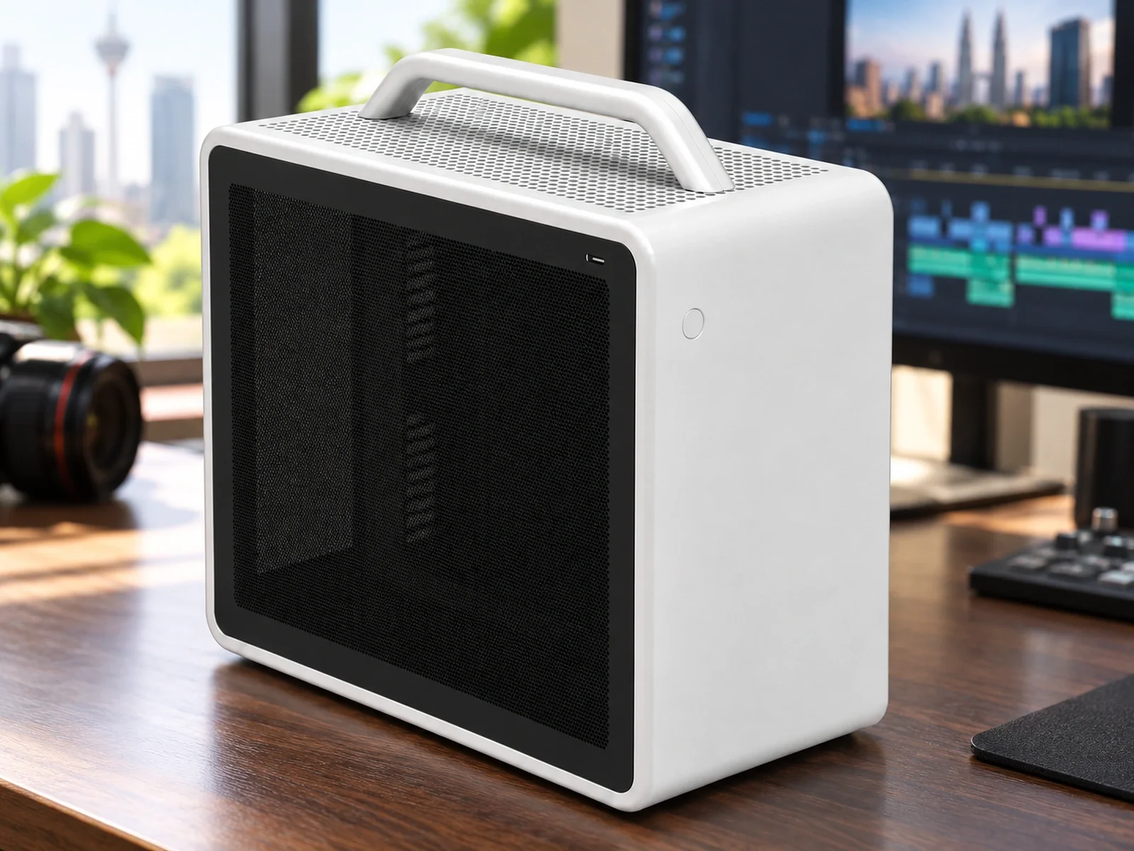 Ilustrasi: Silver-white workstation with a carry handle in a video production office