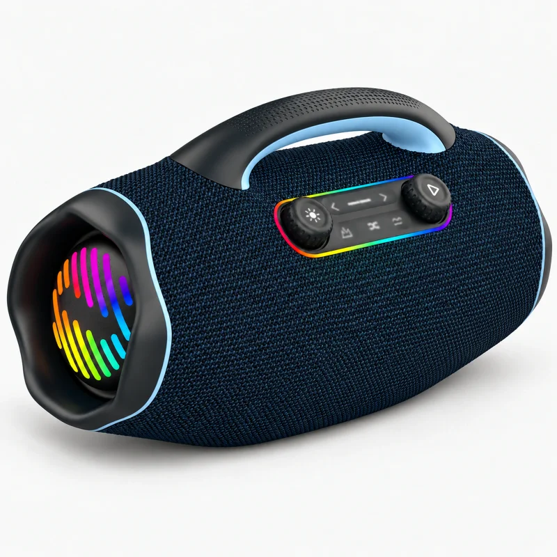 Dark navy portable carryhandle speaker on a light studio background