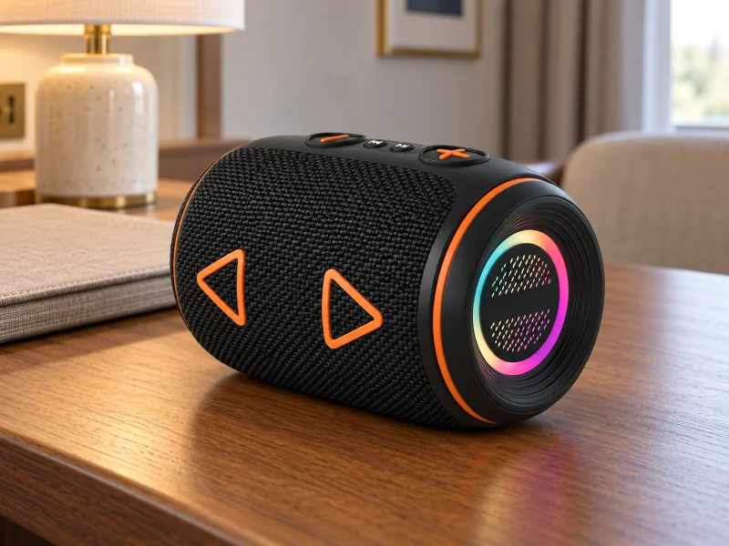 插图：Compact barrel-shaped portable speaker with woven grille and RGB end ring on a desk