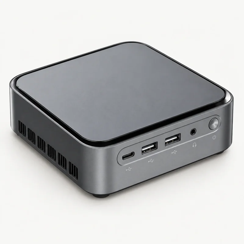 Graphite mini PC with black top rim on a light studio background