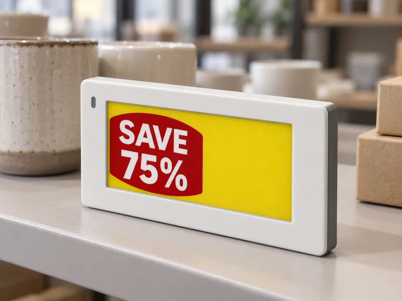 Ilustrasi: White 2.66 inch four-colour electronic shelf label on a desk