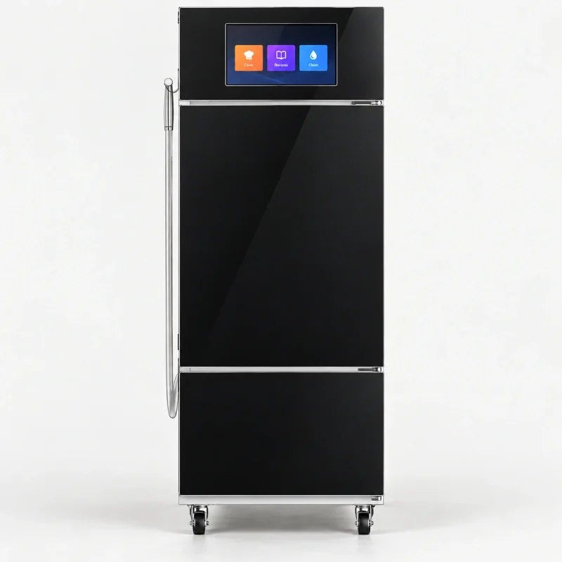 Compact enclosed cooking robot on a light studio background