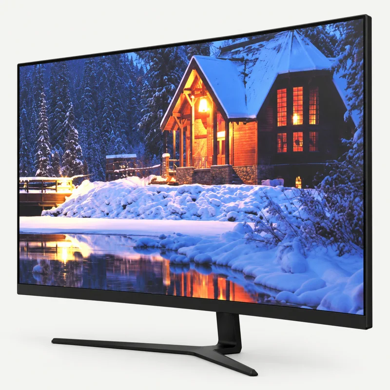 Black thin-bezel desktop monitor with an angular stand on a light studio background
