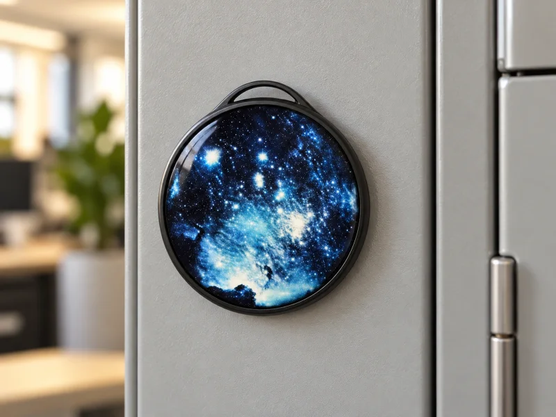 Illustration: Round dark digital badge with galaxy display and hanging loop on a desk in the Netherlands