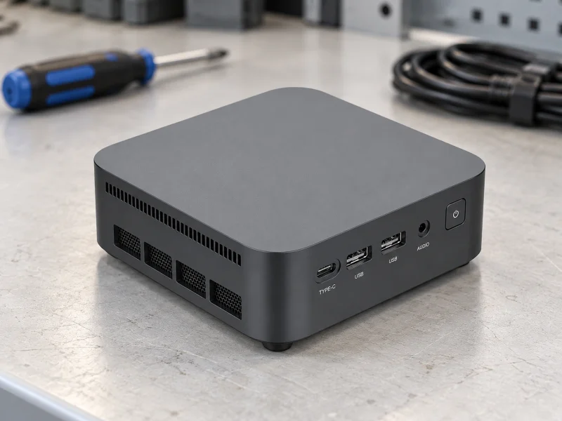 Illustratie: Graphite compact AI mini PC with labeled front USB and audio connectors on a workbench in the Netherlands