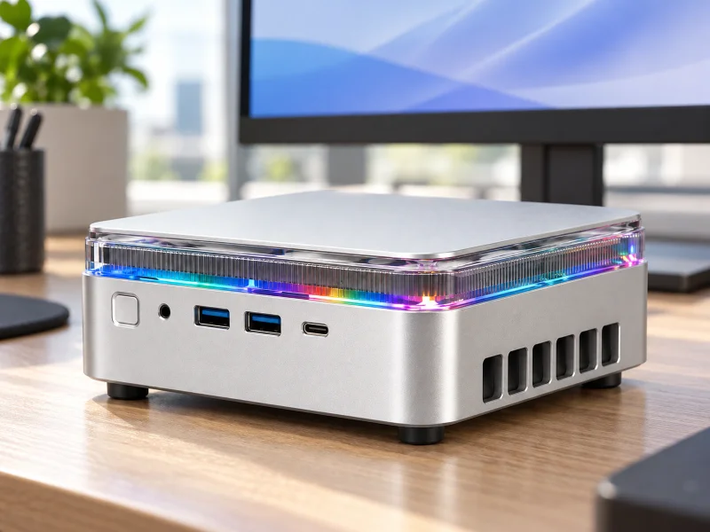 Illustratie: Silver mini PC with transparent illuminated upper band on a desk